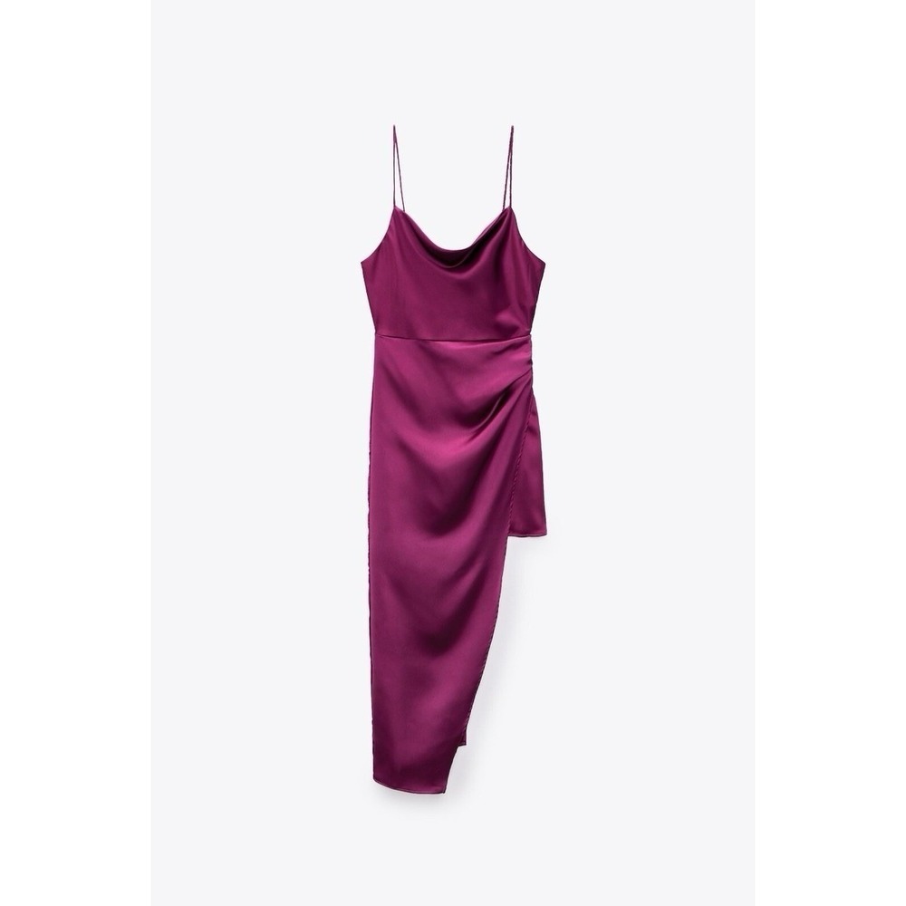 Zara Sz M Magenta Satin Slip Effect Asymmetric Dress Date Night Wedding Guest